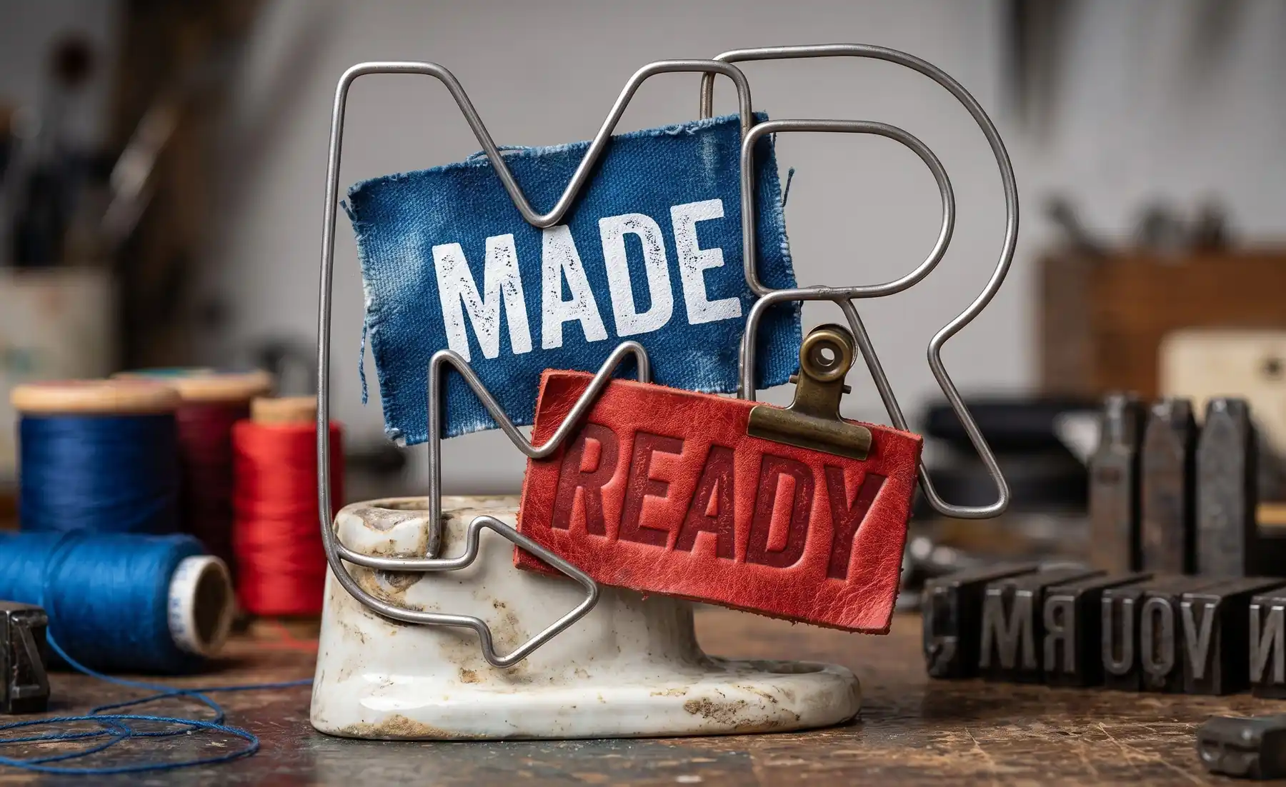 Pieza MadeReady: monograma de alambre MR junto a los parches MADE y READY, carretes de hilo y tipografía de imprenta en el taller